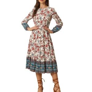 Allegra K Dress Size Large Boho Floral Long Sleeves Midi Cottagecore Flowers